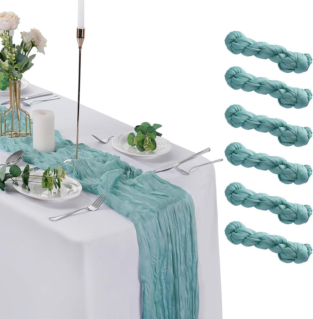6 Pack Cheesecloth Table Runner 9ft,17 x 108 inch Gauze Table Runner Rustic Romantic Wedding Runner for Wedding Bridal Shower Fall Decoration,Grey Green
