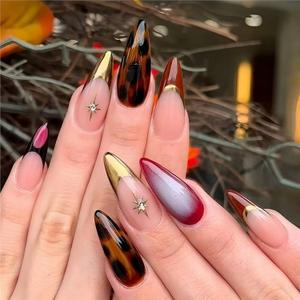 Medium Almond Press on Nails Gold French Tip Fake Nails False Nails with Leopard Print Rhinestones Designs Brown Vintage Stick on Nails Glossy Glue on Nails for Women Girls 24Pcs (1)