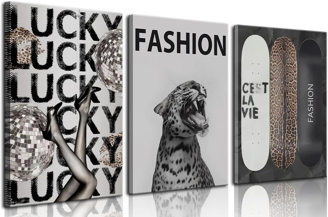 Trendy Leopard Canvas Wall Art Fashion Cheetah Lucky Skateboard Wall Decor Pictures Funky Vintage Preppy Luxury Aesthetic Posters Prints for Girly Bedroom Apartment Dorm Decoration 16x24in