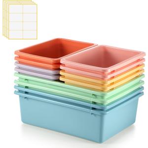 Zonon 12 Pcs Plastic Cubby Bins Office Storage Container Storage Bins Plastic Organization with 1 Pack Self Adhesive Label for Library Office Home Nursery(Pastel) (Multicolor)