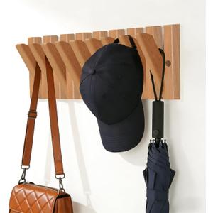 Wall Mounted Coat Rack with 9 Retractable Hooks, Wooden Modern Space-Saving Piano Hanger for Jackets, Towels, Bags and Leashes in 15 inch
