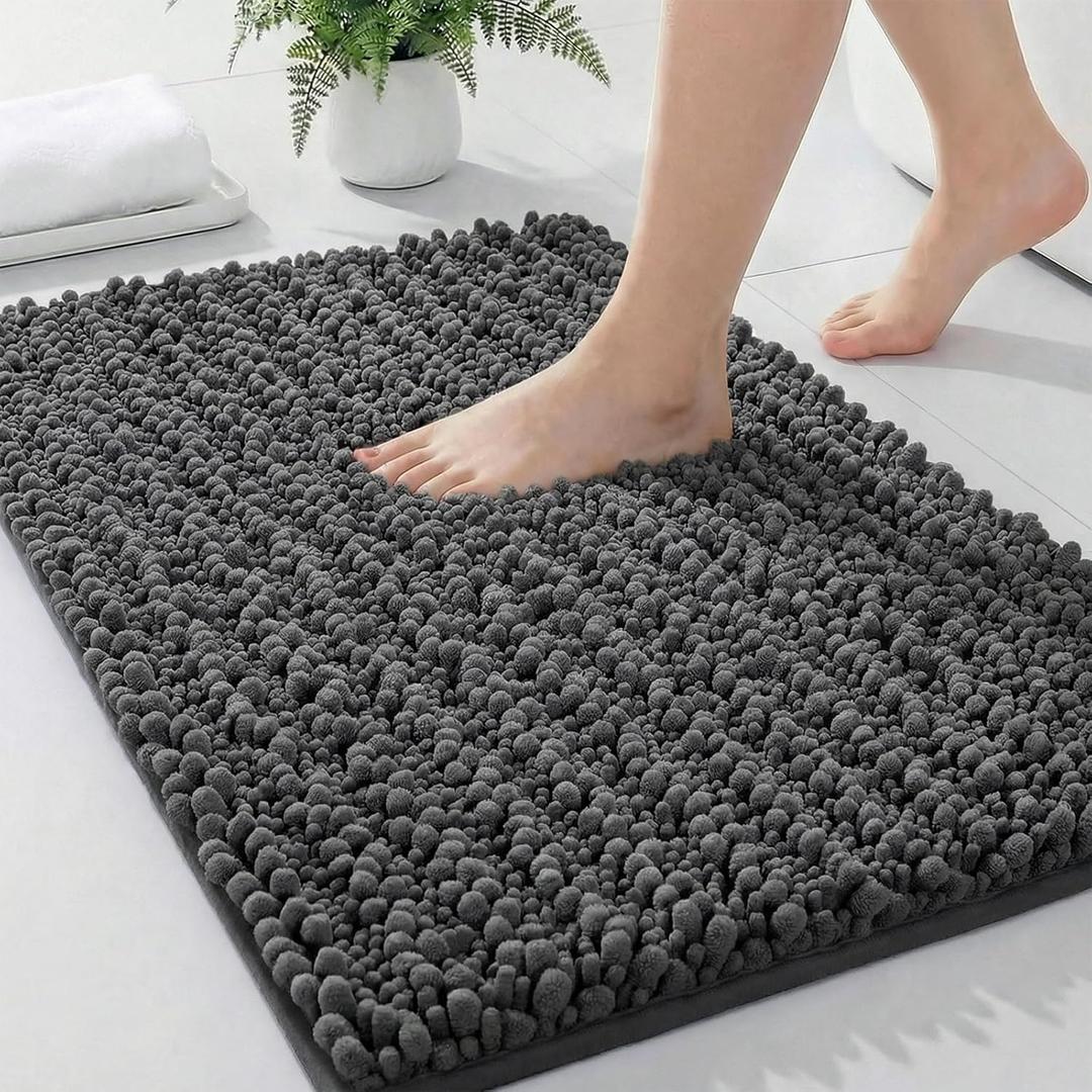 ILANGO Bathroom Rugs Dark Grey 24x17,Extra Soft Absorbent Chenille Bath Rugs,Thick Non-Slip Shaggy Bath Mat,Machine Washable Quick Dry Bath Mats for Bathroom Floor, Tub, Shower Accessories