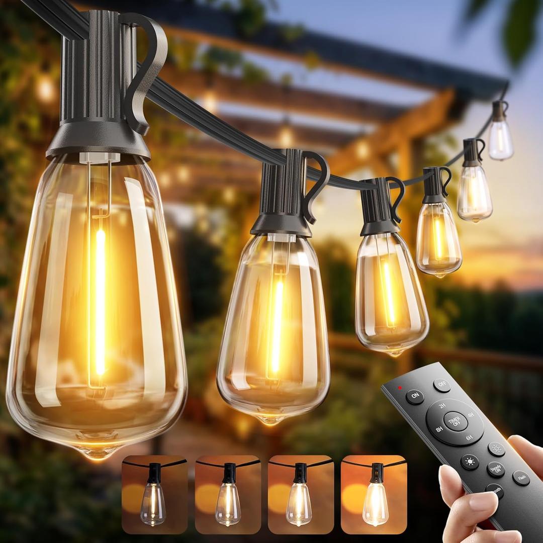addlon 100FT LED Outdoor String Lights with Remote Waterproof Patio Lights with Shatterproof ST38 Replaceable Bulbs, Dimmable Outside Hanging Light Connectable for Porch, Backyard (100FT(30 Sockets))
