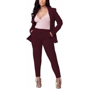 Women's 2 Piece Outfit Deep V Long Sleeve Solid Color Blazer with Pants Elegant Business Suit Sets (XX-Large, Wine Red-2767)