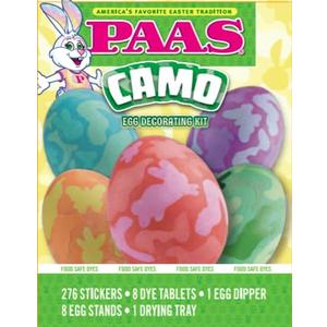PAAS Camo Egg Decorating Kit Easter Egg Dye Kit with 276 Stickers, 8 Food-Safe Dye Tablets, Egg Dipper, Stands & Drying Tray
