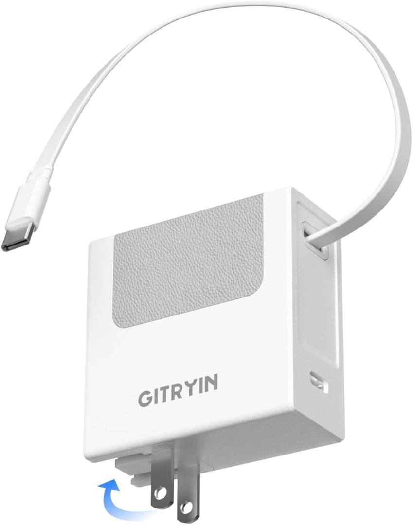 Gitryin Portable USB C Charger Block, Retractable Wall Charger, 40W PD Fast Charging Block with 33.5in Type-C Cable, Power Adapter with Foldable Plug for iPhone 17/16/15, Galaxy S23 22, White