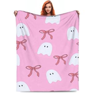 Halloween Throw Blanket Cute Pink Ghost Boo & Bow Queen Size Blanket for Girls Women Soft Plush Cozy Warm Blankets for Couch Bed Sofa Living room Bedroom Decor 50"x60" Sweet Throws (Halloween Style 10)
