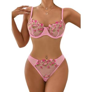 Lilosy Sexy Floral Embroidered Flower Mesh Underwire Push Up Lingerie Set (Pink)