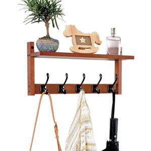 Coat Rack Wall Mount with Shelf, 17IN Wooden Coat Hanger Hooks Wall Mount with 5 Metal Hooks, Hanging Shelf with Hooks, Retro Walnut  [26 IN] B 