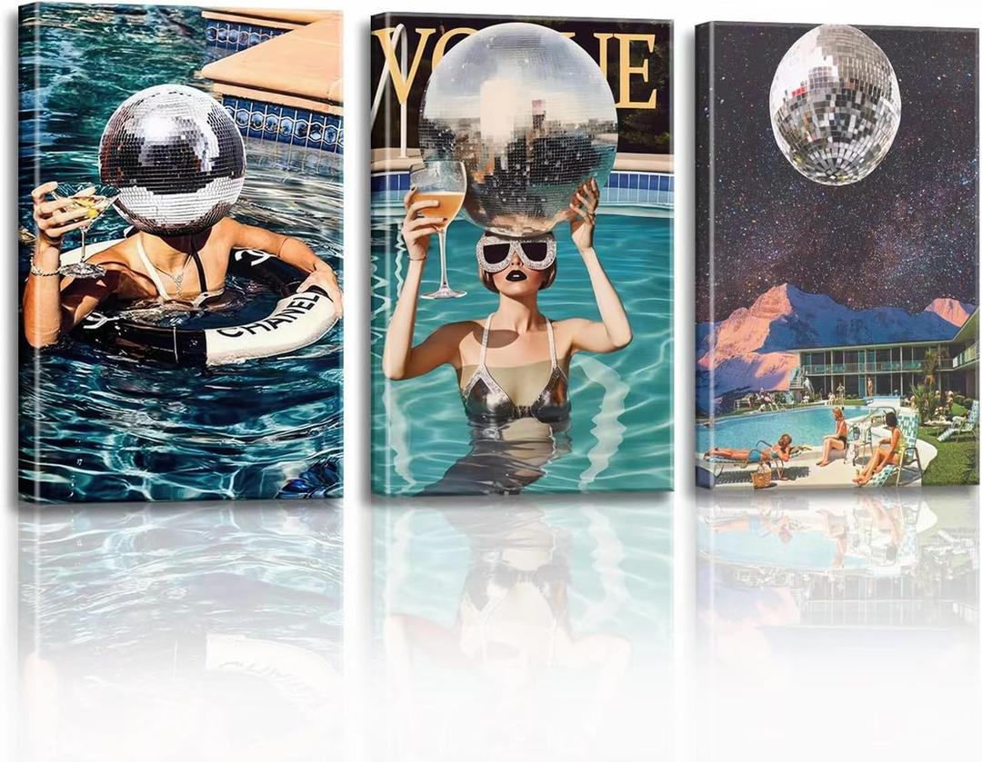 Godont Summer Blue Pool Hot Girls Disco Ball Posters Blue Pool Bikini Wall Art Retro Cocktail Wall Art Aesthetic Paintings Girls Dormitory Canvas Decoration 12x16x3 Inches