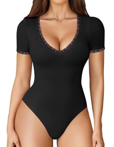 Avidlove Short Sleeve Bodysuit V Neck Bodysuit for Women Lace Body Suits Summer Lace Bodysuit Tops(Black,XS)