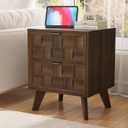 Smuxee Walnut Wooden Nightstand with 2 Drawers, Mid Century Night Stand with Embossed Checkerboard Doors, Bedside Table with Solid Feet, Modern End Side Table for Bedroom, 15.75"D x 18.31"W x 22.25"H