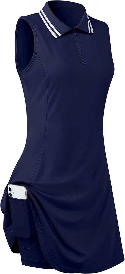 Womens Sleeveless Golf Tennis Dresses with Inner ShortsPockets for Workout Exercise (Large, Navy Blue)
