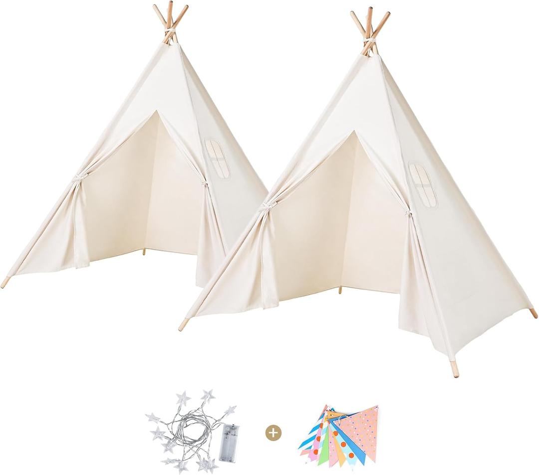 Sumbababy 2 Pack Teepee Tent for Kids Indoor Play Tent with Lights & Colorful Flags, Natural Canvas Sleepover Tents for Girls Party Washable & Foldable Slumber Party Tents