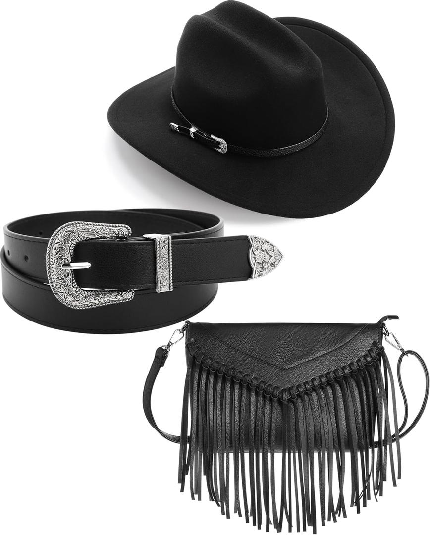 Cutecrop 3 Pcs Western Cowgirl Outfit for Women Cowboy Hat PU Leather Crossbody Tassel Purse Belt Cowgirl Costume Accessories