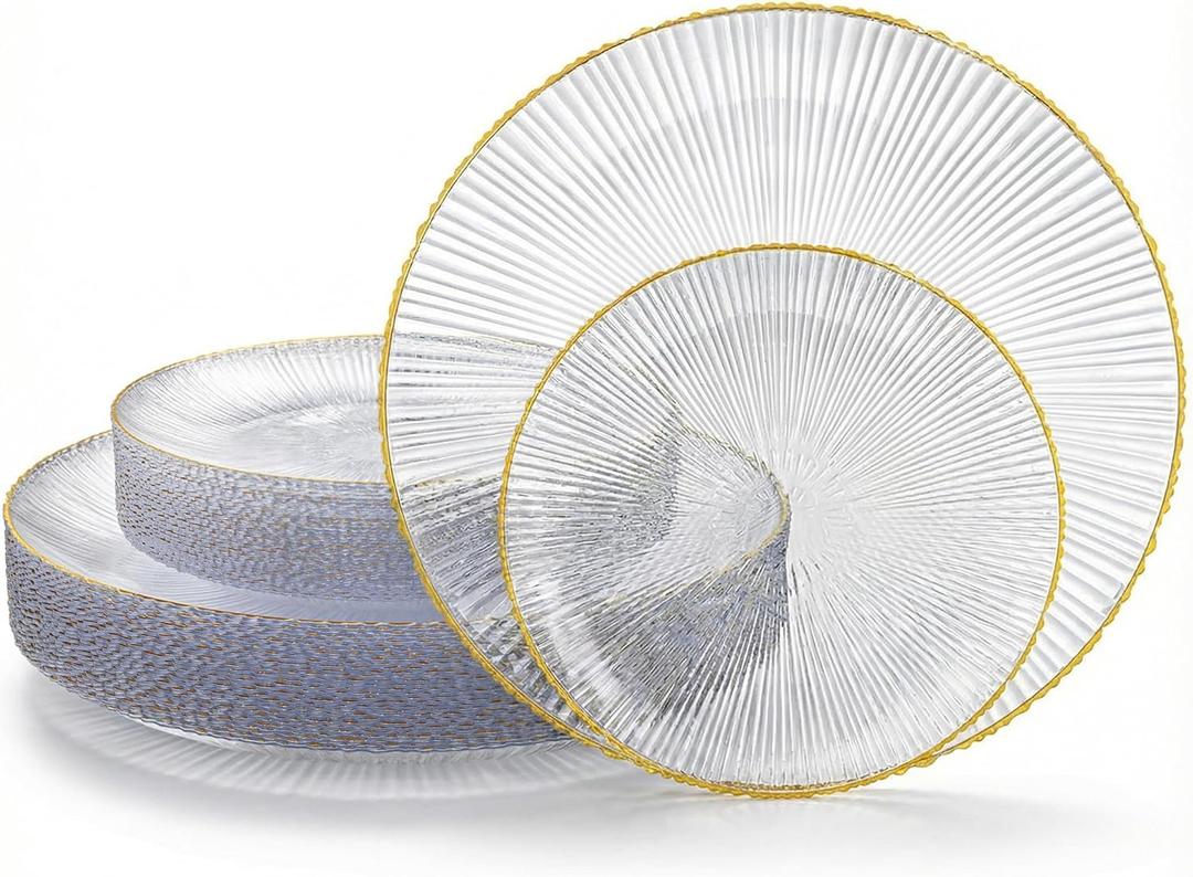DaYammi 60Pcs Clear Plastic Plates with Gold Rimmed - Gold Disposable Plates Set Including 30pcs Dinner Plates,30pcs Dessert Plates with Radial Texture for Party & Wedding Dinner