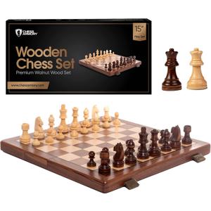 Chess Armory Wooden Chess Set 15 Inch - Premium Walnut Wood Handcrafted Game Board for Adults and Kids with Extra Queen Pieces and Storage Box - Ideal for Home and Travel - Non-Magnetic