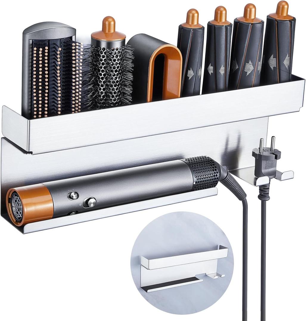 Storage Hair Dryer Holder for Curling Iron Wands Accessories, Hair Straightener Holder, Wall Mount Hair Tool Organizer for Styler Attachments, Curling Iron Holder Organizer for Bathroom, Silver