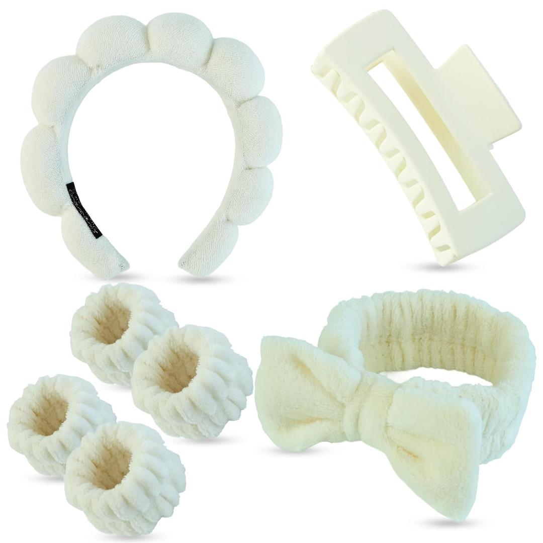 7 Pcs Spa Set, Facial Headband and Wristband Set, Skincare Accessories, College Style Girl Idea Gifts, Hair Accessories for Women And GirlsLight Beige