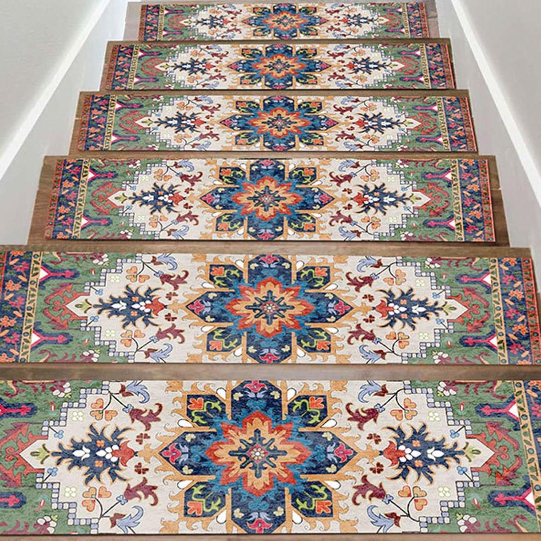 Stair Treads Carpet for Wooden Steps in Door, 30"x8" Indoor Stair Runner, Reusable Rubber Backing Safety Stair Carpet Treads for Pets, Kids & Elders (Boho - 4Orange)