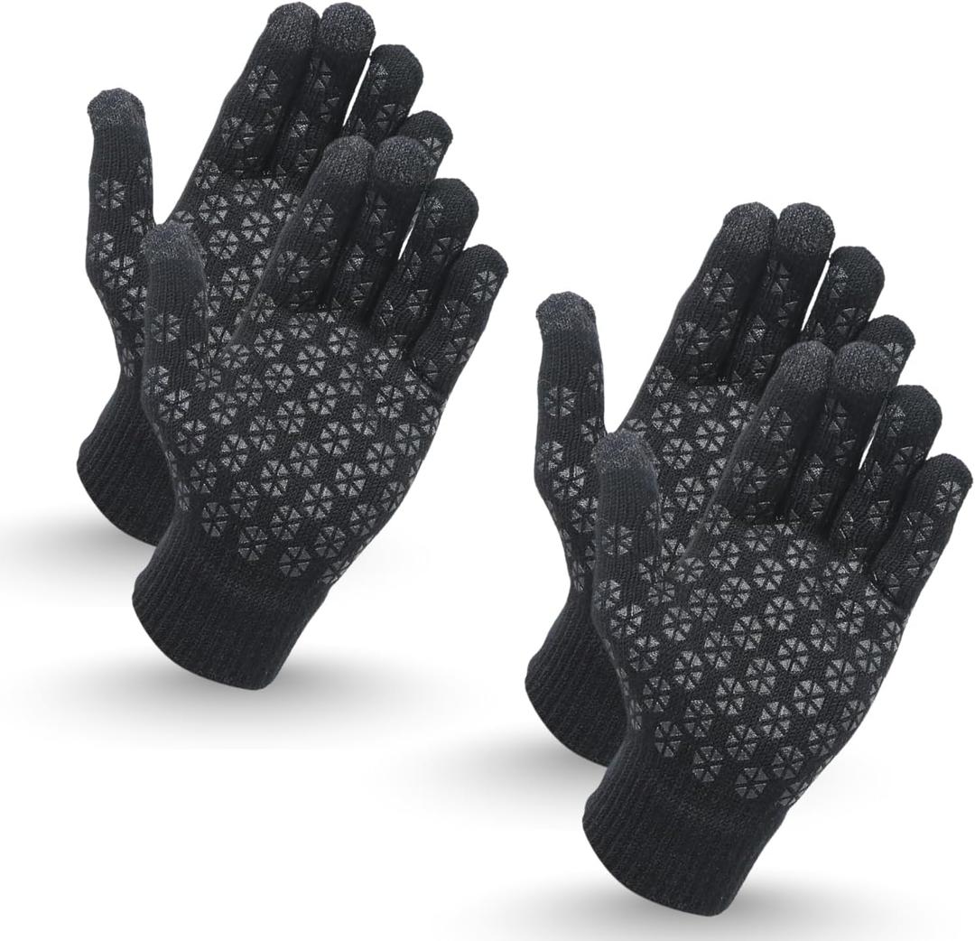 Heat Logic Unisex Thermal Knitted Winter Gloves, Touchscreen Compatible Cold Weather Warm Gloves for Men & Women, Pack of 2 (2 Pair Black - With Grip) Large-X-Large