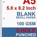 A5 Filler Paper, 3 Hole Planner Refills, Organizer, Binders, Total 100 Sheets/200 Pages, 100gsm, Blank, White Paper, 5.8 x 8.2 Inch, 3 Hole Filler Paper, Mini Binder Refills, Fit 3 Hole Binder Only