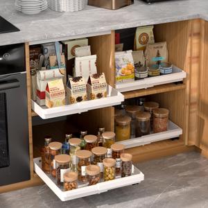 4 Pack Pull Out Cabinet Organizers Expandable (11.6''-17.5''), Plastic Slide Out Drawers for Kitchen, Bathroom, Pantry, Under Sink Storage, Pull Out Drawers Fixed with Adhesive Nano Film (White)