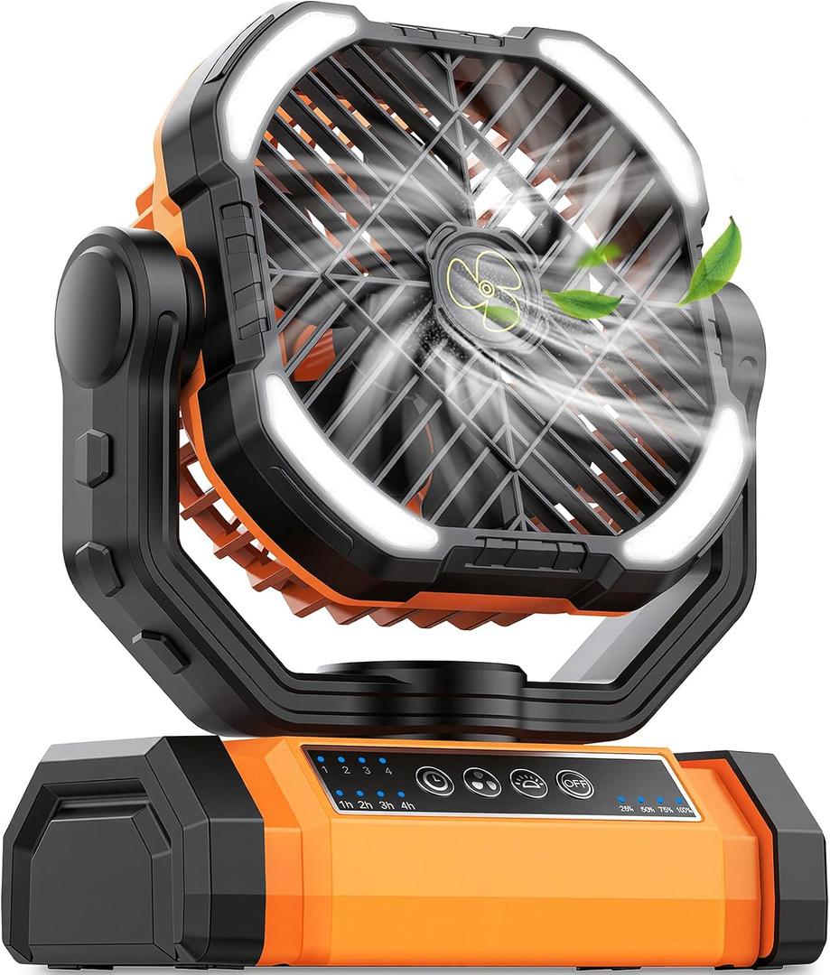 Camping Fan Rechargeable, Large Capacity Battery Powered Fans, 270° Adjustable Rechargeable Fan Portable with LED Light, 4 Speed Cordless Battery Operated Fans with Hanging Hook for Tent Beach Outdoor
