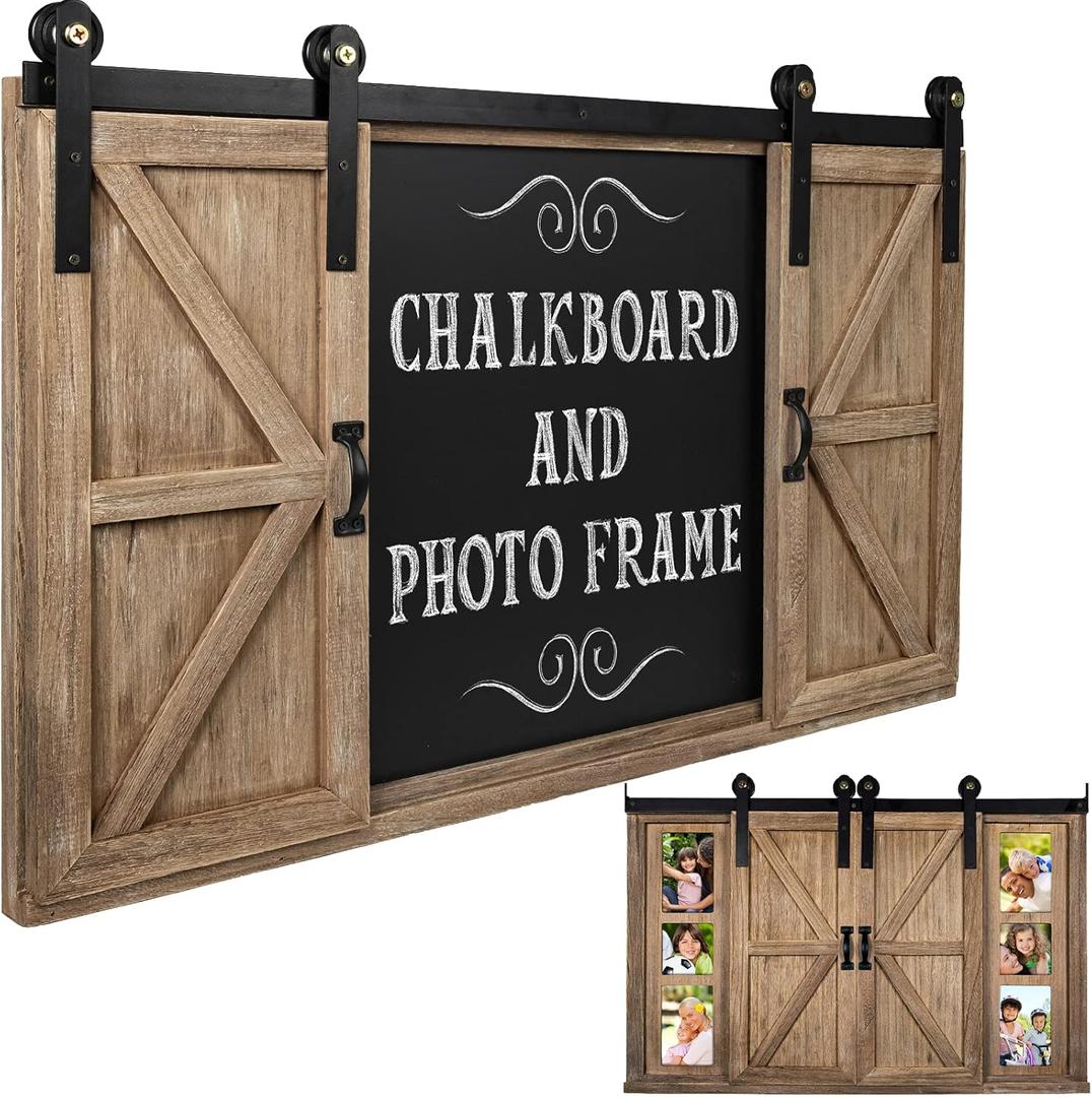 Excello Global Products Rustic Wood Chalkboard with Four 4x6 Hideaway Photos: Large Wall Mounted Magnetic Chalk Board, Perfect for Kitchen Dcor, Restaurant Menu, Bulletin Sign (Brown)