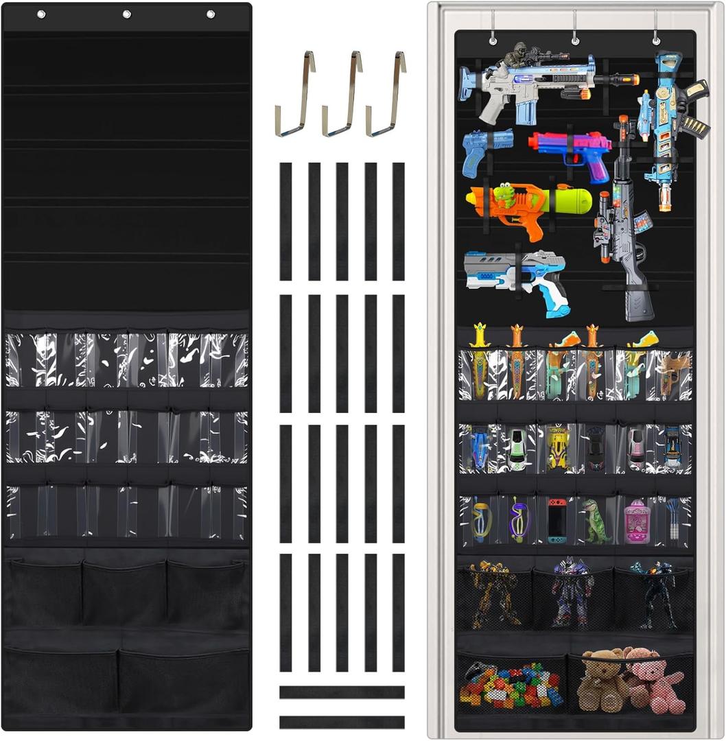 Over the Door Organizer for Toy Guns - Toys Storage Door Hanger with Pockets and Slots for Foam Blasters, Darts, Goggles, for Kids and Game Room