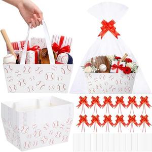 Moinchore 12 Set Baseball Basket for Gifts Empty 9.8x6.5'' Red White Sports Market Tray Cardboard with Bows, Cellophane Bags, Twist Tiles, Empty to Fill for Birthday Bridal Wedding Party Supply