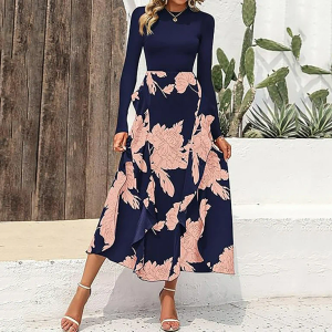 BTFBM Womens Floral Maxi Dress Fall Summer Casual Crewneck Long Sleeve Ruffle Flowy Cocktail Wedding Guest Dresses, Size: S