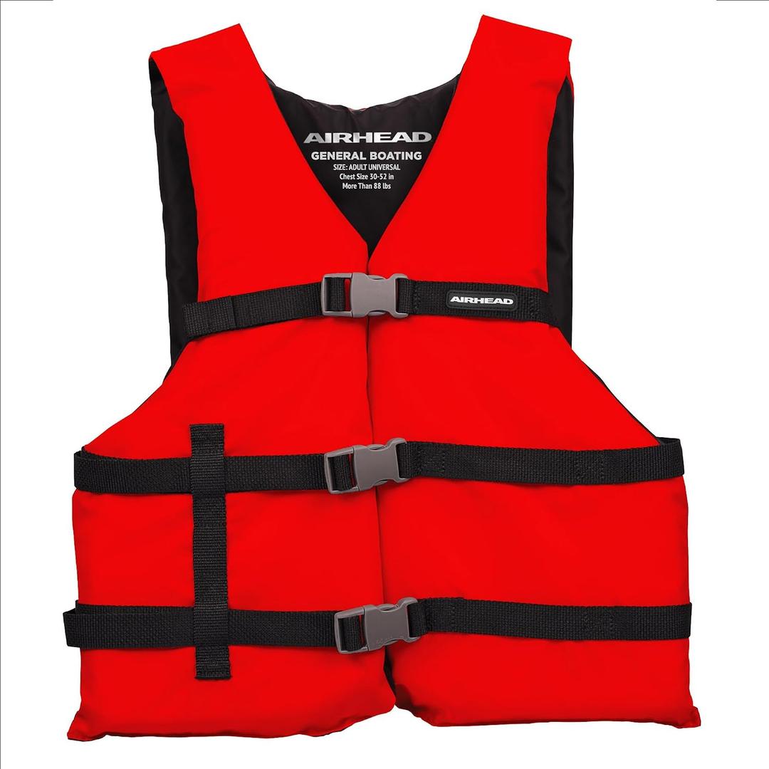 Airhead General Purpose Life Jacket for Adults & Kids - US Coast Guard Approved Life Vest for Men, Women, Youth, Child & Infant, Boating Safety PFD for Fishing & Swimming, Adult Standard, Red