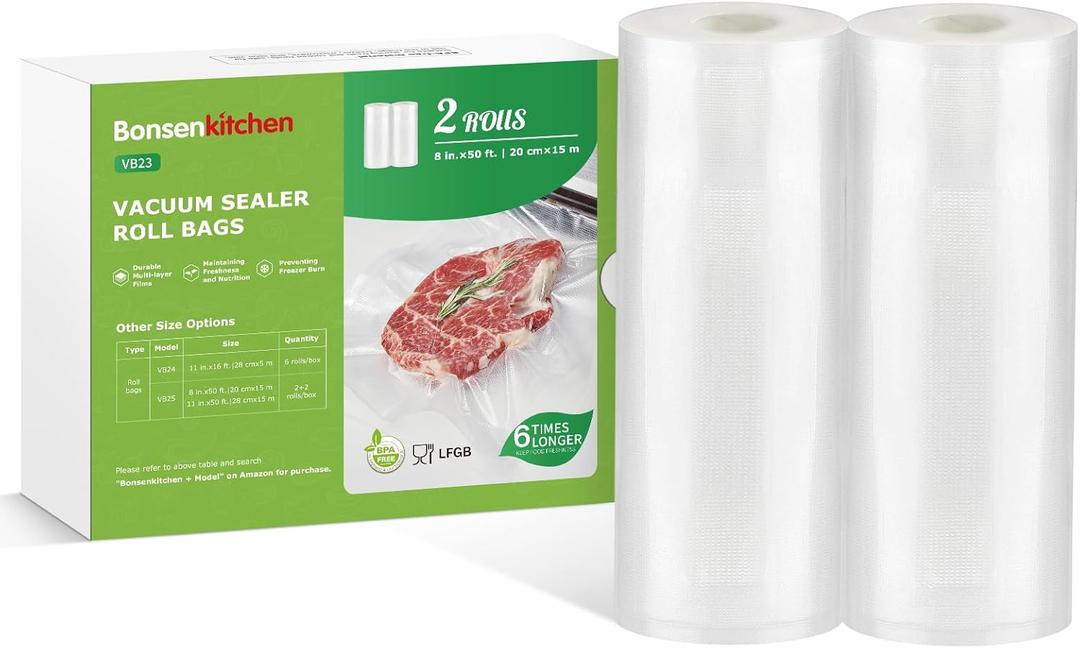 Bonsenkitchen Vacuum Sealer Bags Rolls, 8 in x 50 ft Rolls 2 pack Durable Food Sealer Bags, Commercial Grade, Heavy Duty, BPA Free, Seal a Meal, Great for Food Storage & Sous Vide Cooking, VB23