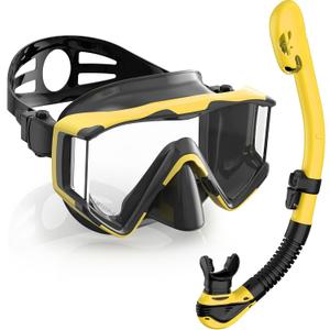 Greatever Snorkel Set Pano 3 Window Snorkel Mask Adult, Panoramic Wide View, Anti-Fog Scuba Diving Mask, Anti-Leak Snorkel Goggles Dry Top Snorkel, Professional Snorkeling Gear for Adults (Black Yellow)