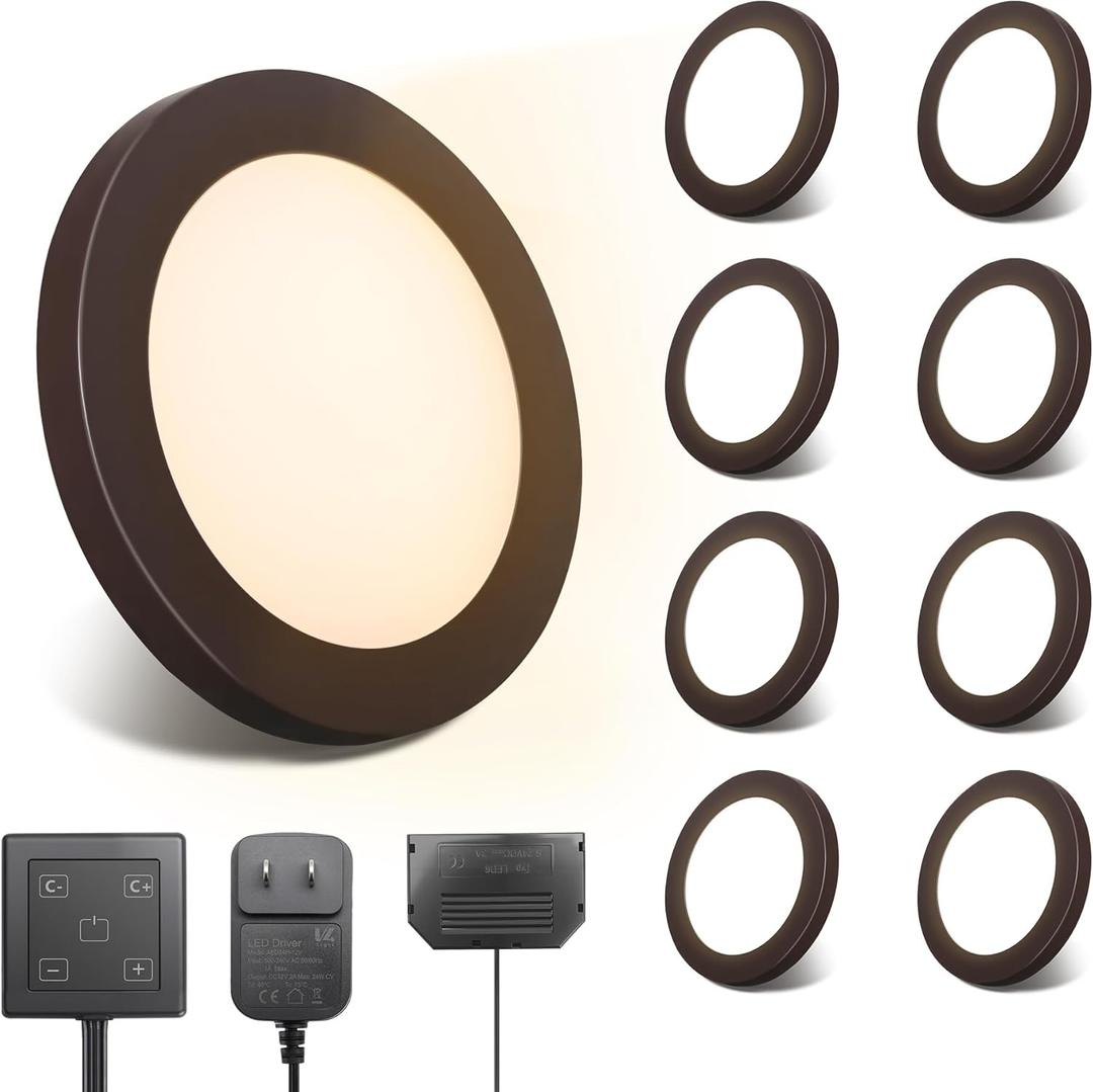 V4light LED Puck Lights 8 Pack, 6mm Ultra-Thin Plug in Under Cabinet Lighting with Touch Dimmer, Adjustable Color Temp(2700K-6500K), Easy Installation for Kitchen, Pantry, Closet, Bedroom (Brown)