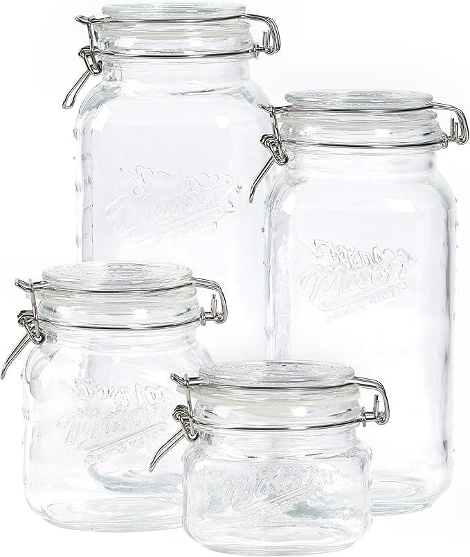 Mason Craft & More Airtight Kitchen Food Storage Clear Glass Clamp Jars, 4 Piece Clamp Preserving Jar Set (.5L, 1,5L, 2L, and 3L)