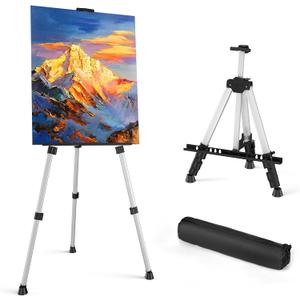 Art Painting Display Easel Stand - Portable Adjustable Aluminum Metal Tripod Artist Easel with Bag, Height from 17" to 66", Extra Sturdy for Table-Top/Floor Painting, Drawing, and Displaying, Silver