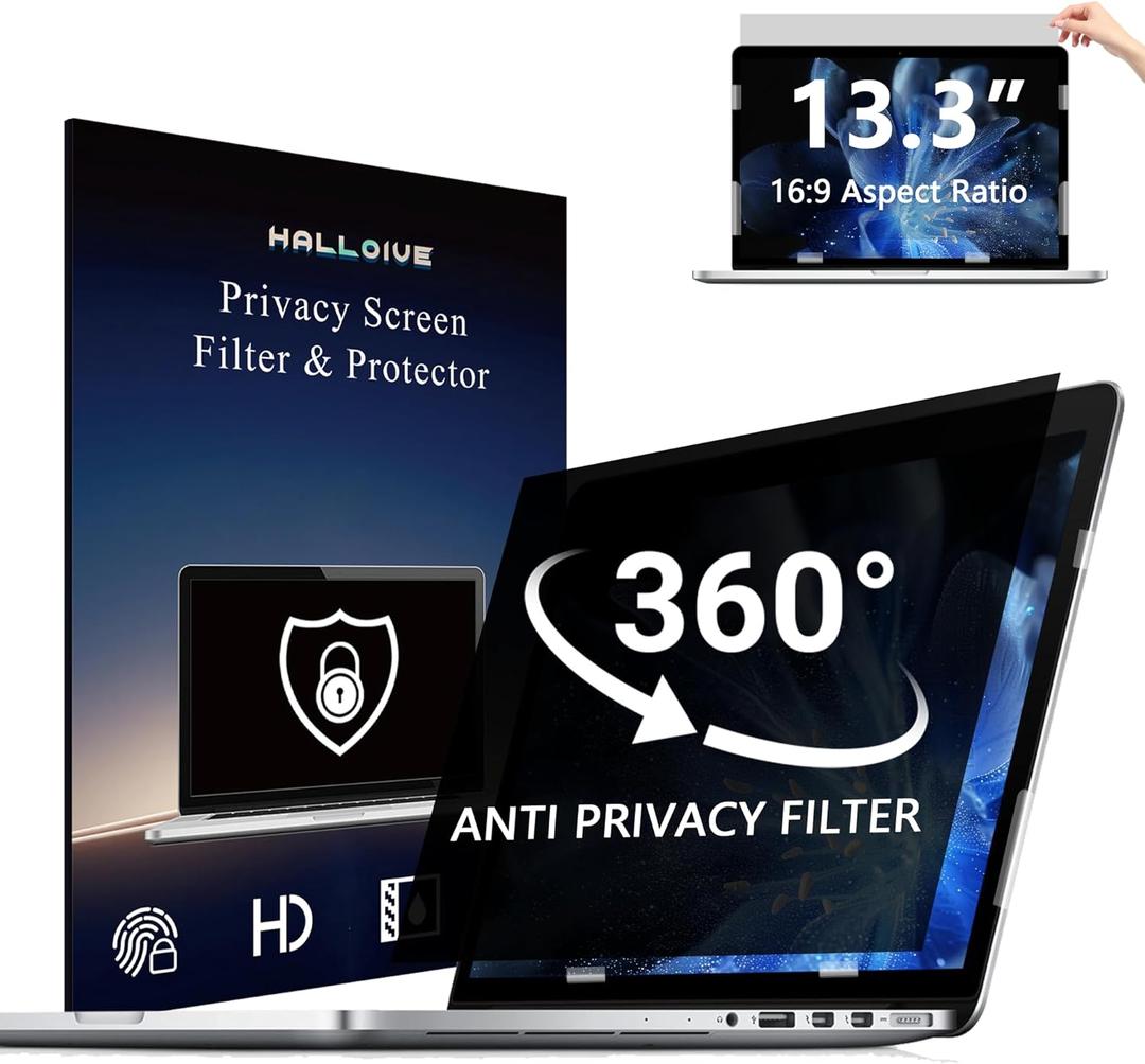 4-Way Laptop Privacy Screen Shield 13.3 Inch, Removable 16:9 Aspect 360 Privacy Filter Screen Protector for 13.3 Inch Laptop Computer, Anti Glare Blue Light Slide Mount Tabs Cover for Generic Laptop