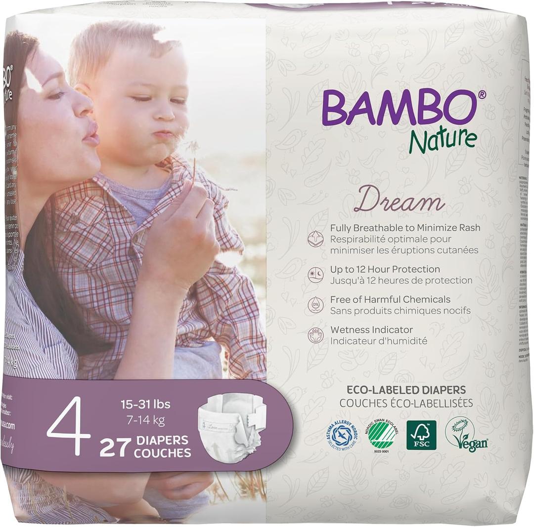 Bambo Nature Premium Eco-Friendly Baby Diapers, Size 4 (15-31 Lbs), 27 Count