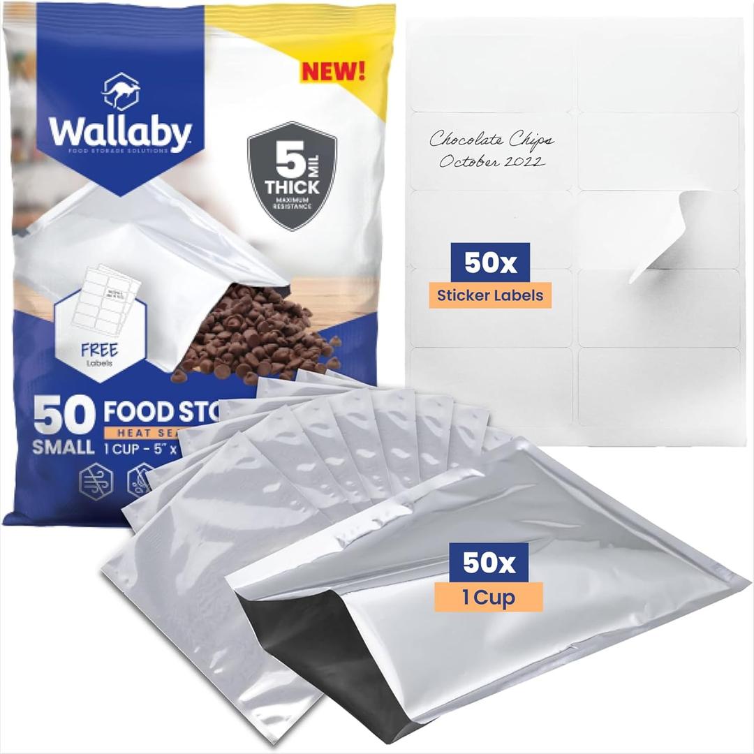 Wallaby 50 Count 1-Cup Mylar Bags with Labels, 10 Mil Total Thicker Long-Term Food Storage Pouches, 5x7 Heat-Sealable Airtight Packaging - Silver