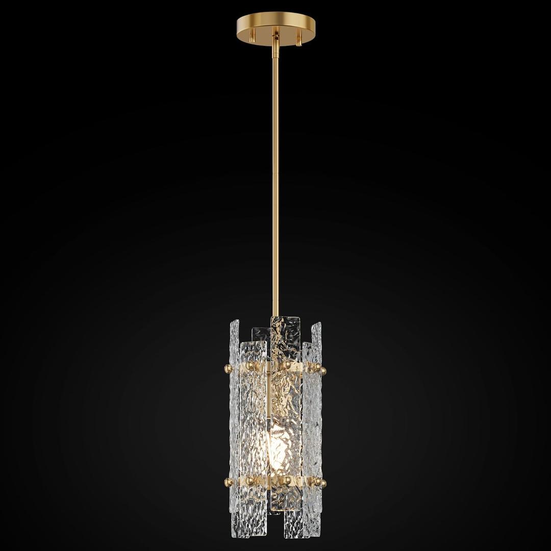 Modern Crystal Pendant Light for Kitchen Island, Gold Mini Chandelier with Water Rippled Glass, Adjustable Hanging Round Pendant Lights Fixture for Kitchen Island, Bedroom, Dining Room (1-Pack)