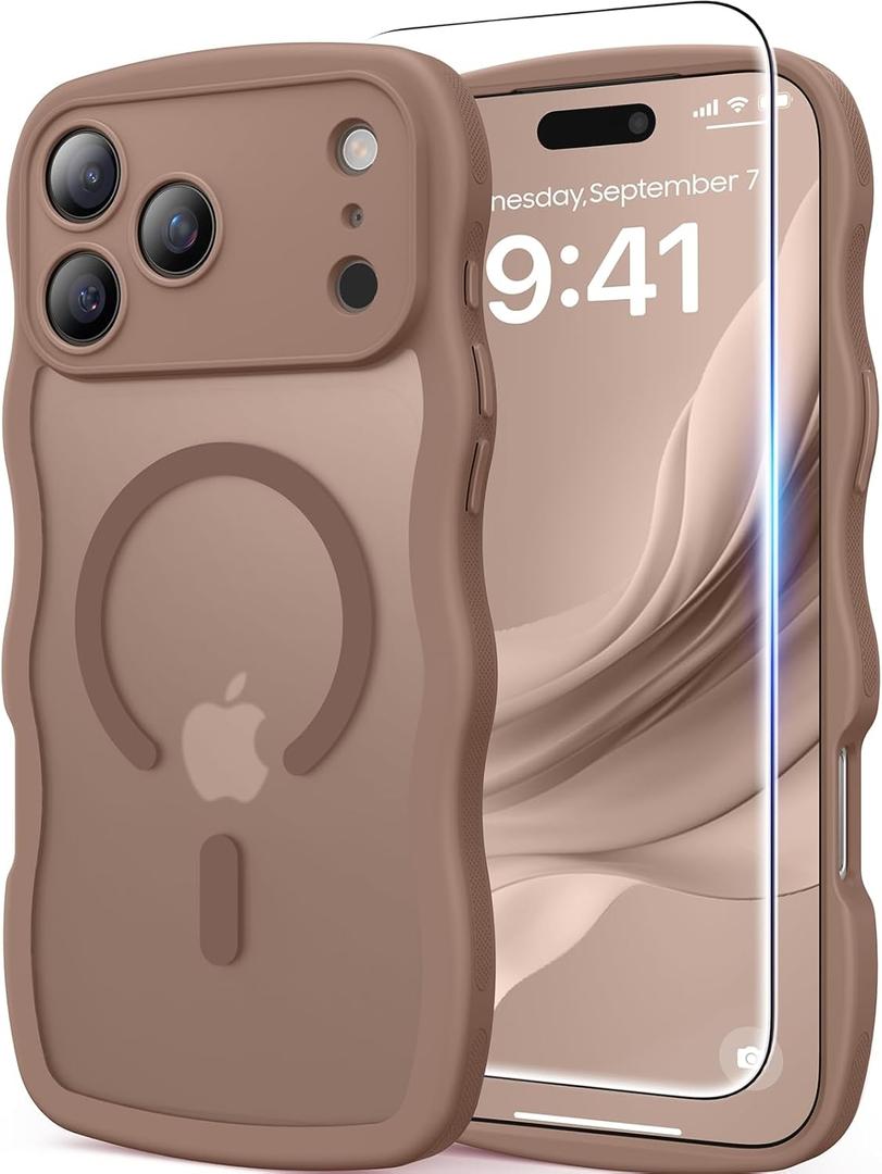 Magnetic for iPhone 17 Pro Case, Cute Wavy [Full Camera Protection] [Fit for MagSafe], 1X Screen Protector+1X Wrist Strap, Trendy Translucent Matte Women Girly Phone Case for iPhone 17 Pro 6.3", Brown
