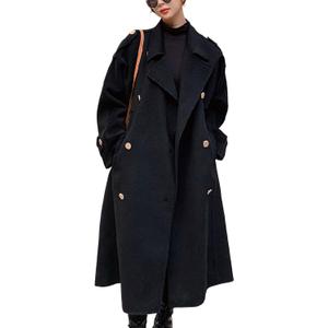 chouyatou Women's Winter Double Breasted Midi Long Wool Pea Coat Notch Lapel Winter Trench Coat (Medium, Black)