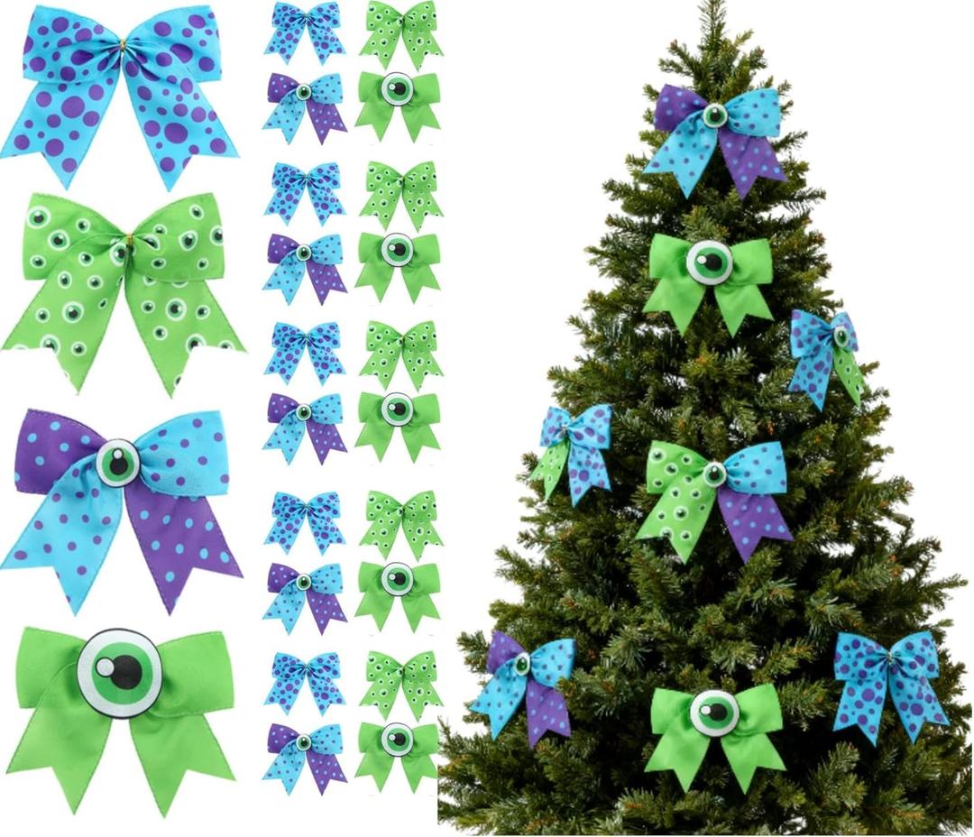Chuangdi 24 Pcs Monster Christmas Bows Ornaments 6 Inch Large Christmas Tree Decorations Blue Purple Green Monster Bow Decor for Xmas Tree Ornaments Gift Wrapping DIY Crafts Supplies