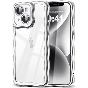 SKYLMW Compatible with iPhone 15 Case, Kawaii Cute Curly Wave Frame Luxury Plating Edge, Stylish Glossy Clear Back, Soft TPU Shockproof Protective Cases for iPhone 15, Sliver