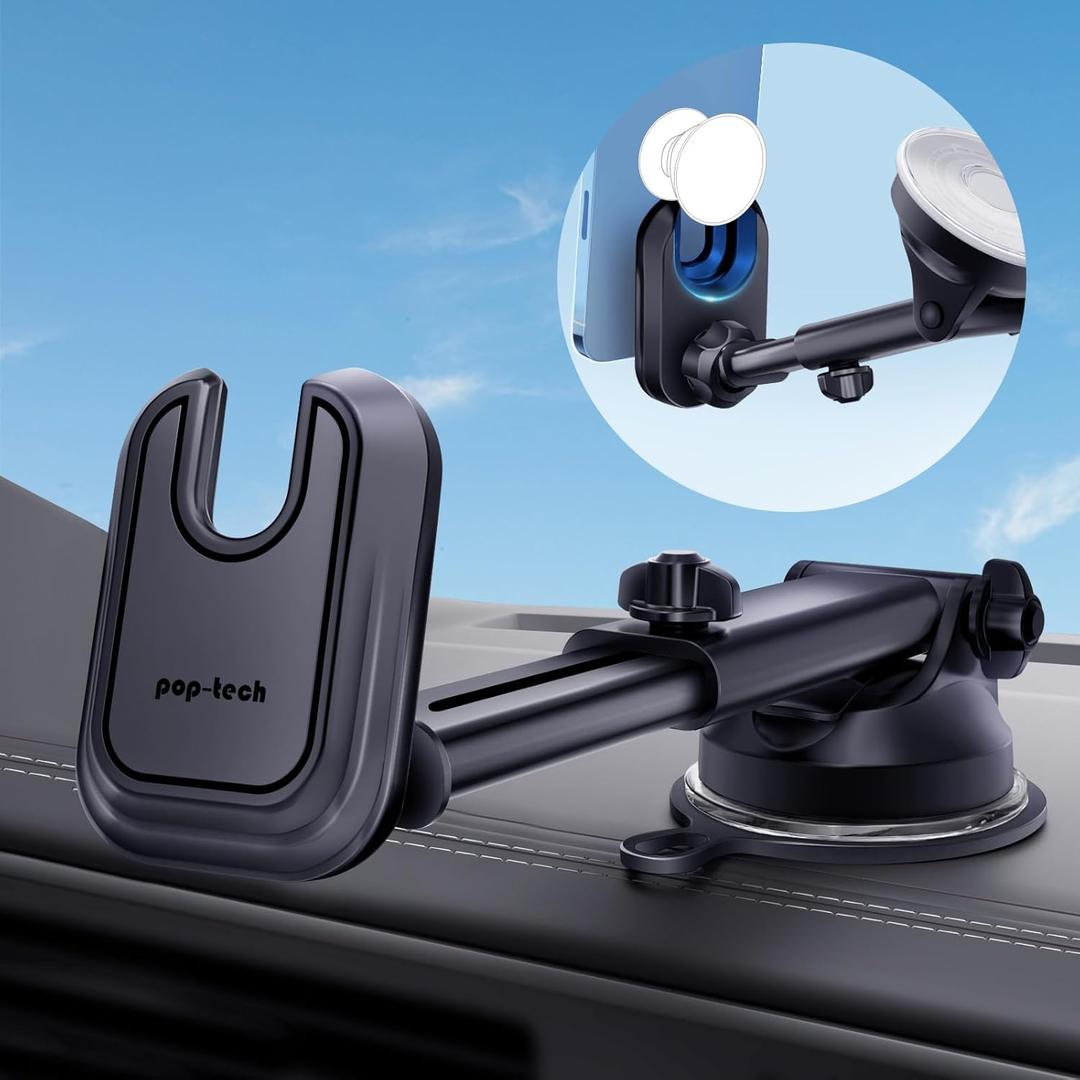 Top-Tech Car Phone Mount for Pop Socket: Suction Cup Cell Phone Holders for Automobile Dashboard Windshield Window - Dash Mounted Cellphone Stand Black Fits Thick Socket Wallet Grip for iPhone Samsung