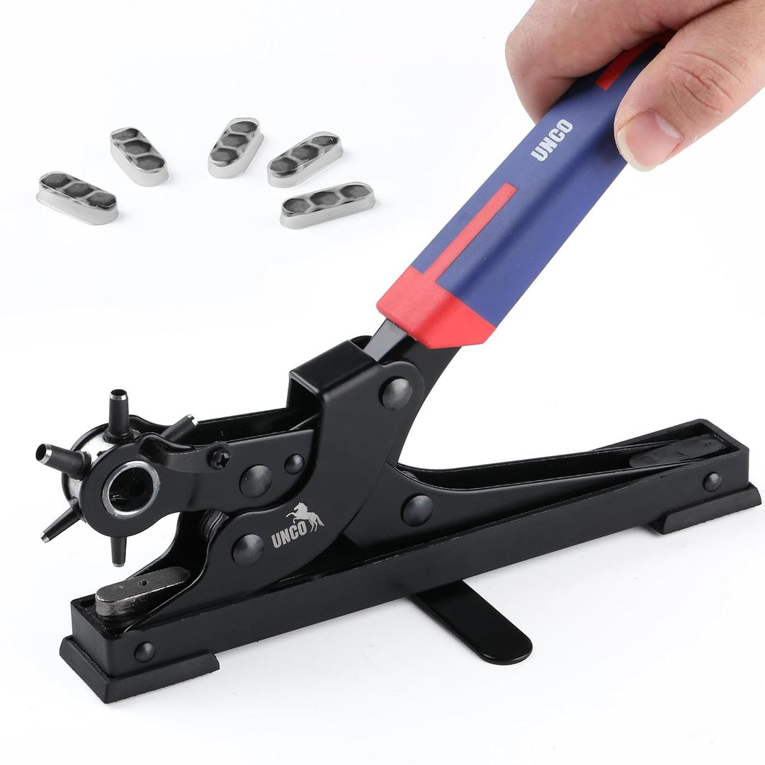 UNCO- Desktop Leather Hole Punch Tool, 6 Punch Sizes, Belt Hole Puncher for Leather, Dog Collars, Watch Straps, Footwear, Fashion Accessories and Crafting