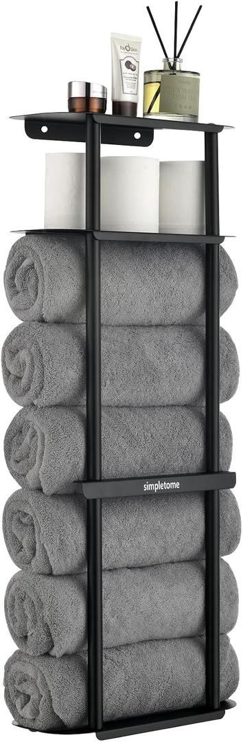 simpletome Towel Racks for Bathroom Storage Shower Organizer 31 inch Wall Mounted with Shelves Can Holds 6 Large Towels Thickened Carbon Steel (Matte Black)
