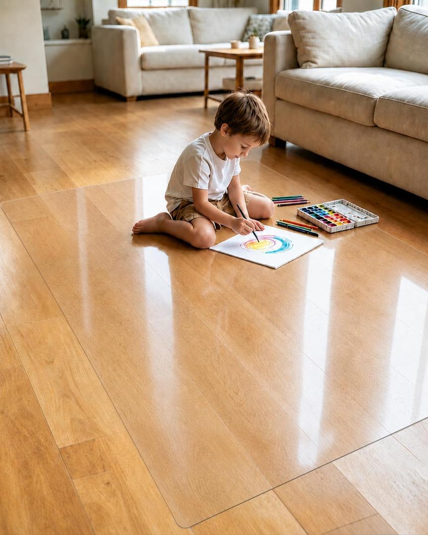 【16 Anti-Slip Stickers Included】3'×5' Clear Rug Protector Mat, Waterproof Vinyl Rugs for The Floor, Wipeable Vinyl Floor Mat for Under High Chair , Non Slip Clear Floors Protector for High Traffic